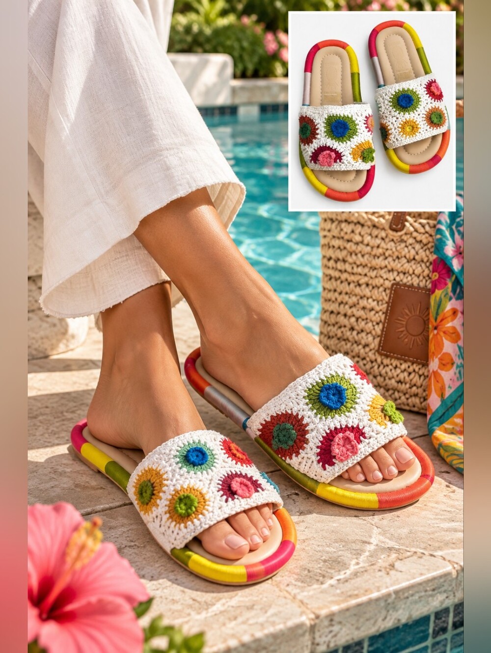 Farm Rio Sunset Crochet Slides New Without Tags Size 8